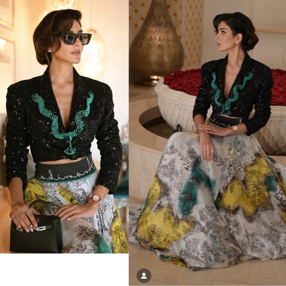 Anamika Khanna H&M Cropped hand-embroidered Beaded Sequin Blazer Black Green XXL